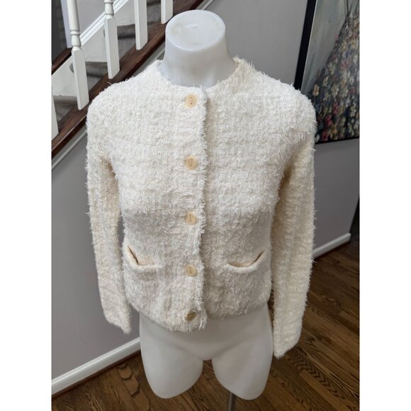 VINCE Italian Cotton-Blend Brocade Cardigan Jacket Sweater Off White Size XXS - Picture 2 of 3